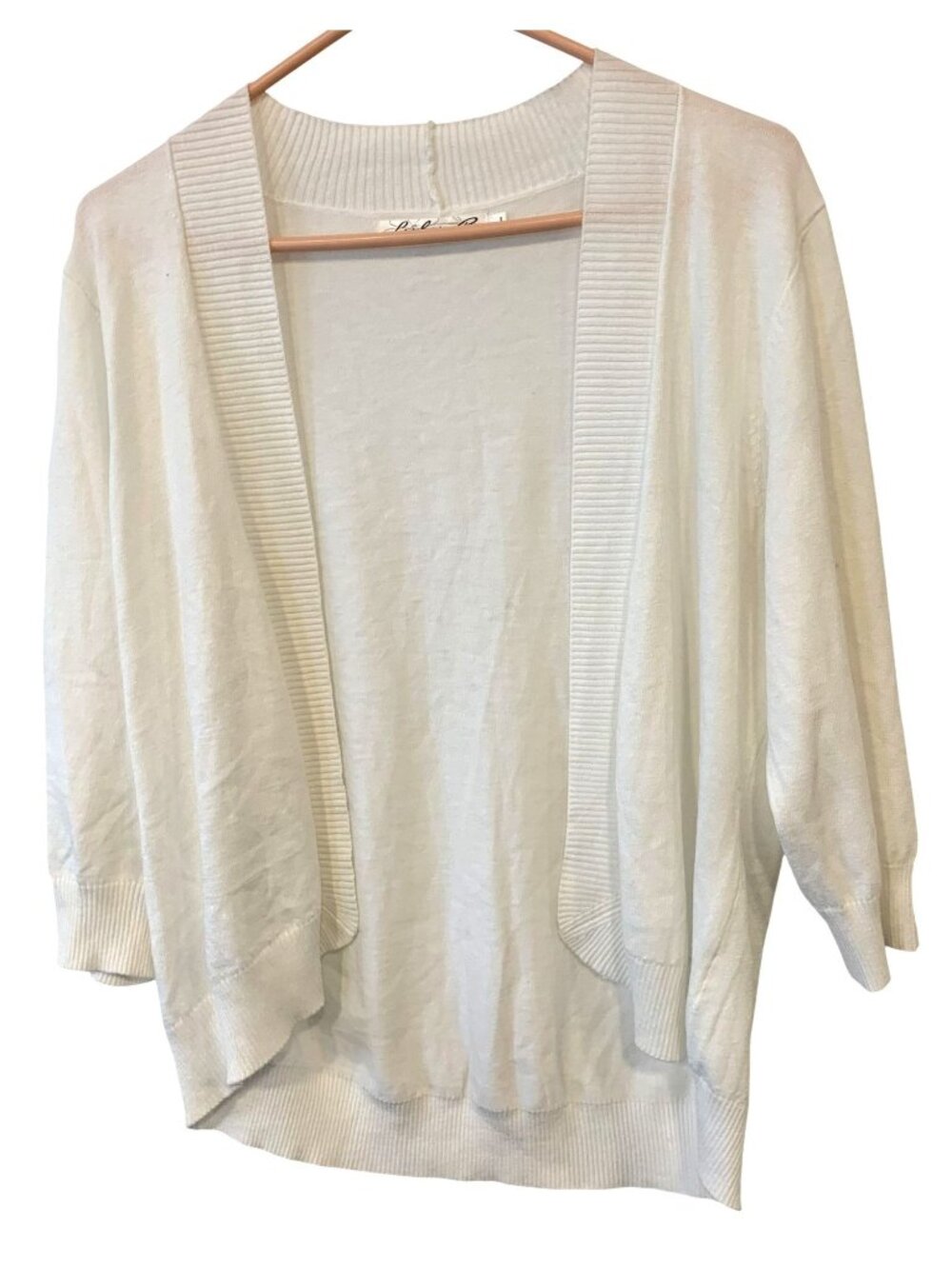 Lulu B Womens L White Open Front Cardigan 3/4 Sleeve Coastal Quiet Luxury